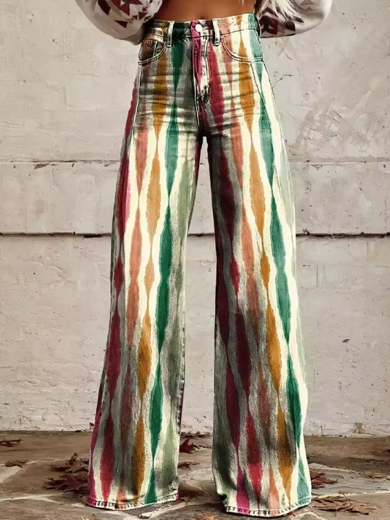 Roberta | Vintage broek met wijde pijpen en artistieke print