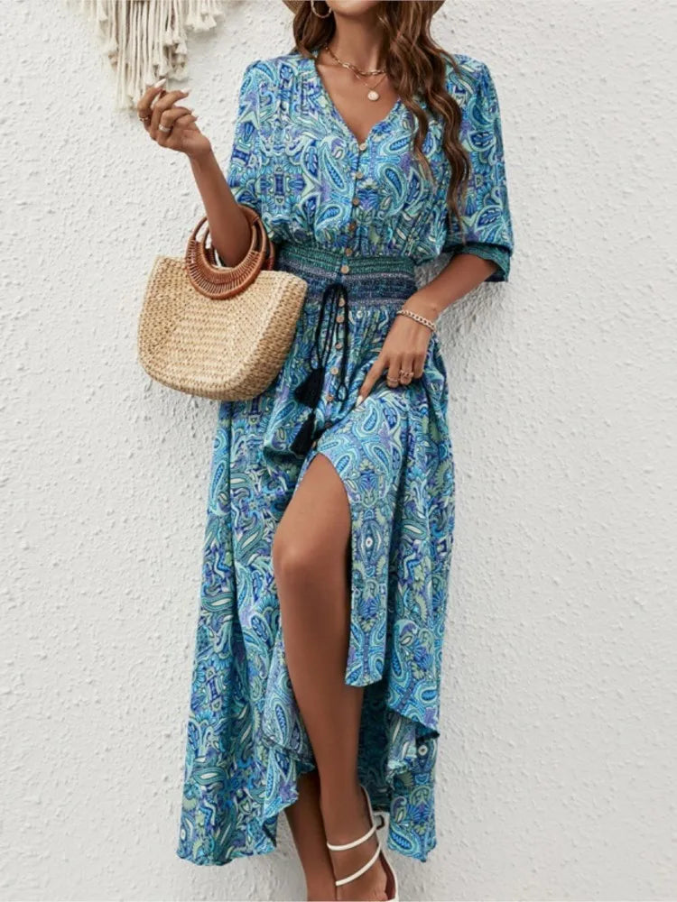 Doris | Bohemian midi-jurk met taille-accent