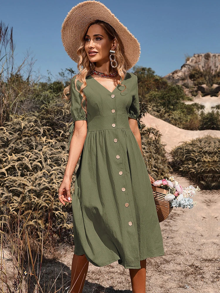 Isabella | Dames V-hals Knopen Midi Jurk